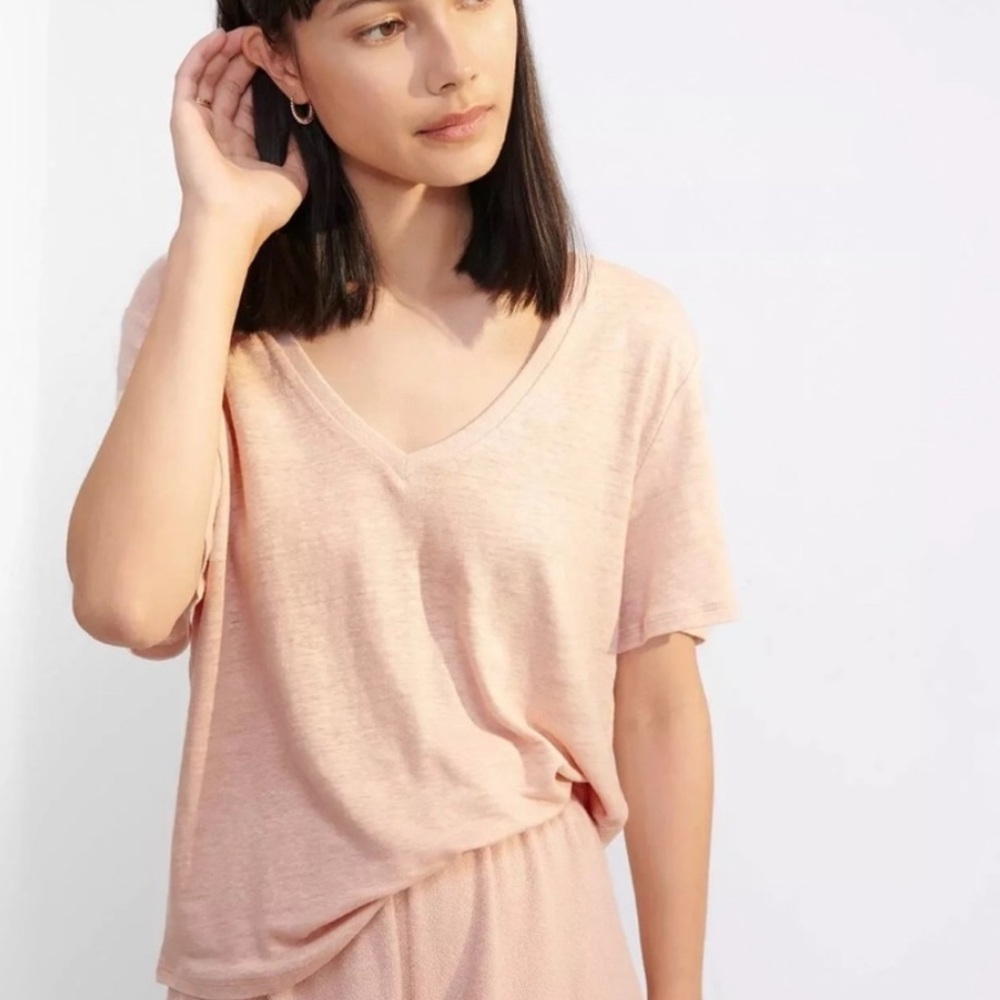 Lunya Linen Knit Deep V-Neck Easy Boxy Pink tee Shirt Size Small